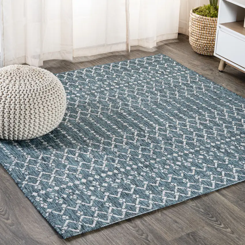 4' Teal Blue And Gray Square Trellis Indoor Outdoor Area Rug Photo 4
