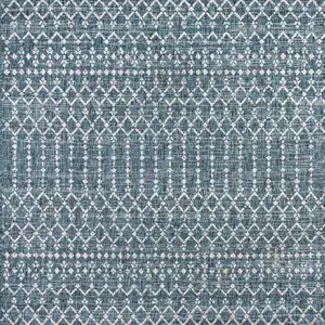 Photo of 4' Teal Blue And Gray Square Trellis Indoor Outdoor Area Rug