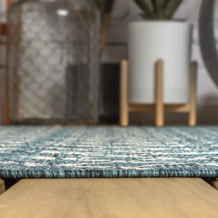 4' Teal Blue And Gray Square Trellis Indoor Outdoor Area Rug Photo 6