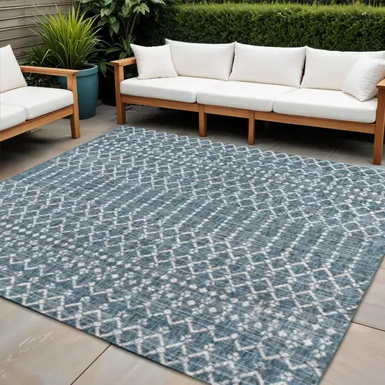 8' Teal Blue And Gray Square Trellis Indoor Outdoor Area Rug Photo 1