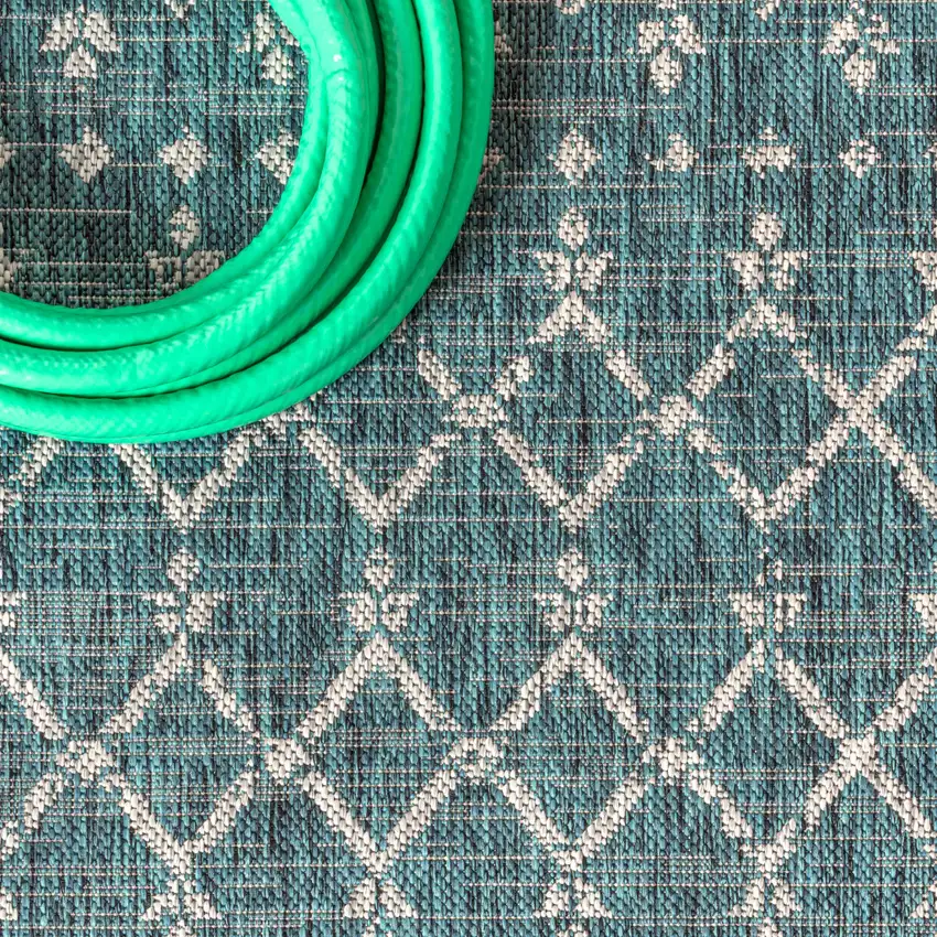 8' Teal Blue And Gray Square Trellis Indoor Outdoor Area Rug Photo 9