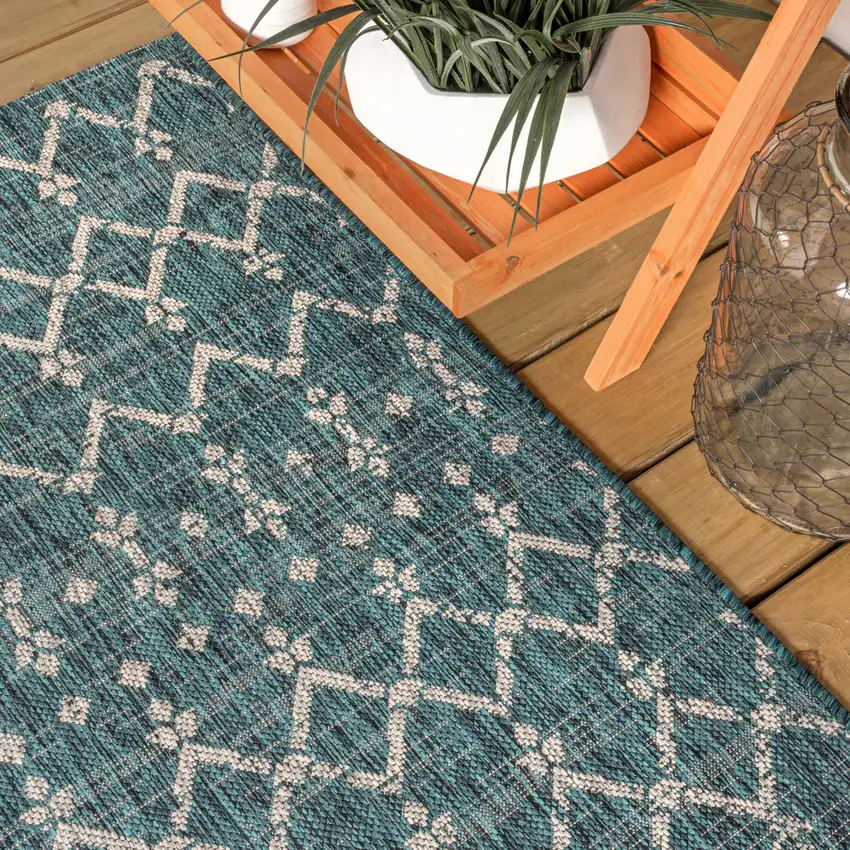 9' Teal Blue And Gray Square Trellis Indoor Outdoor Area Rug Photo 7