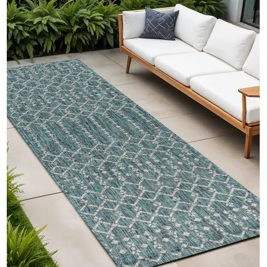 8' Teal Blue And Gray Trellis Indoor Outdoor Runner Rug Photo 1