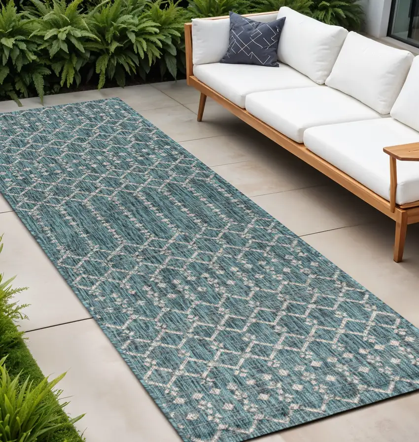 8' Teal Blue And Gray Trellis Indoor Outdoor Runner Rug Photo 1