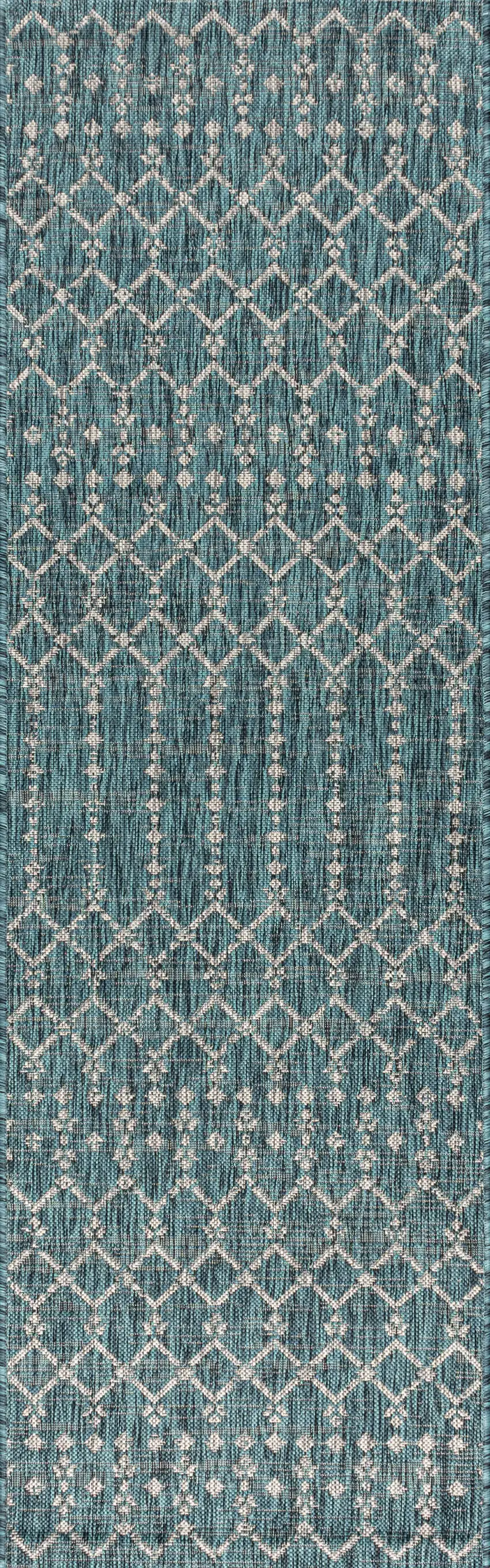 8' Teal Blue And Gray Trellis Indoor Outdoor Runner Rug Photo 1
