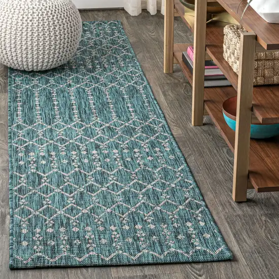 8' Teal Blue And Gray Trellis Indoor Outdoor Runner Rug Photo 4