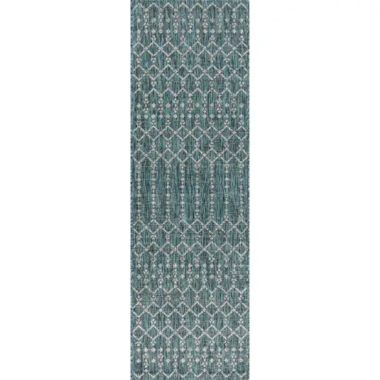 8' Teal Blue And Gray Trellis Indoor Outdoor Runner Rug Photo 3