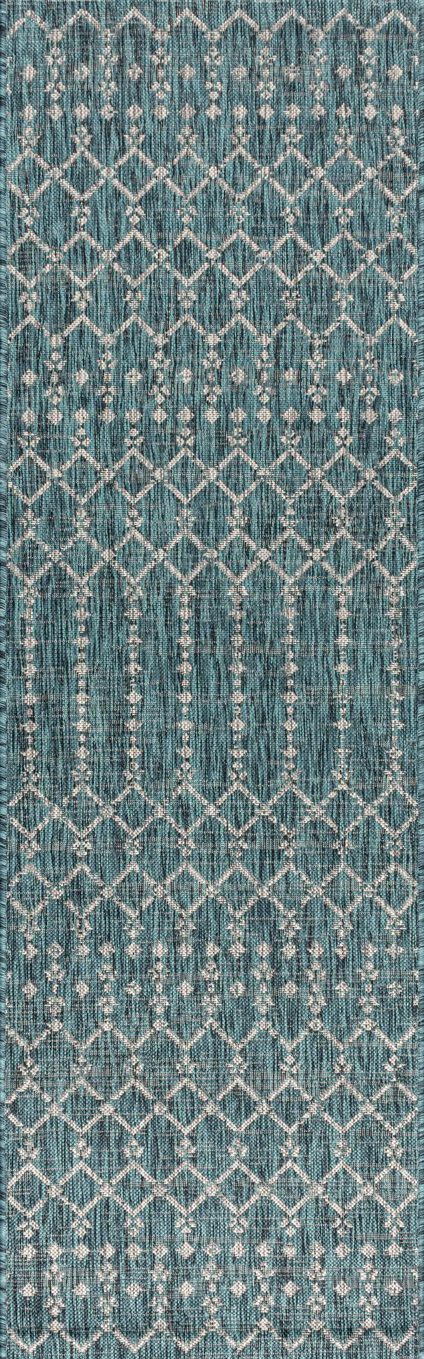 8' Teal Blue And Gray Trellis Indoor Outdoor Runner Rug Photo 3