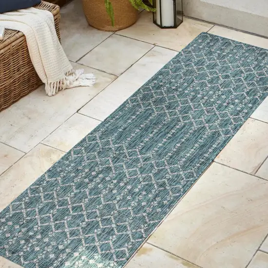 8' Teal Blue And Gray Trellis Indoor Outdoor Runner Rug Photo 5