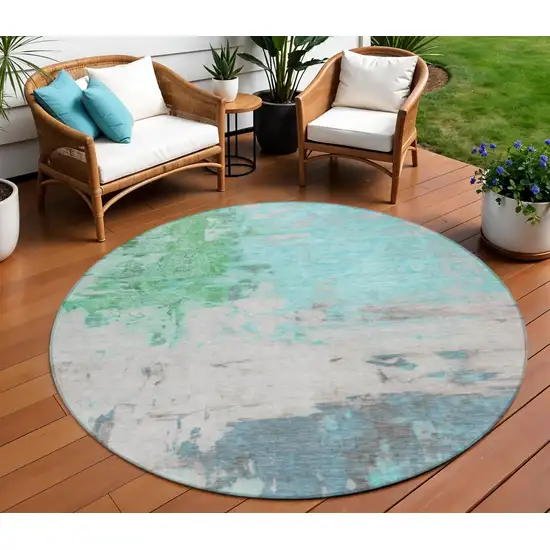 8' Teal Blue And Green Round Abstract Washable Indoor Outdoor Area Rug Photo 2