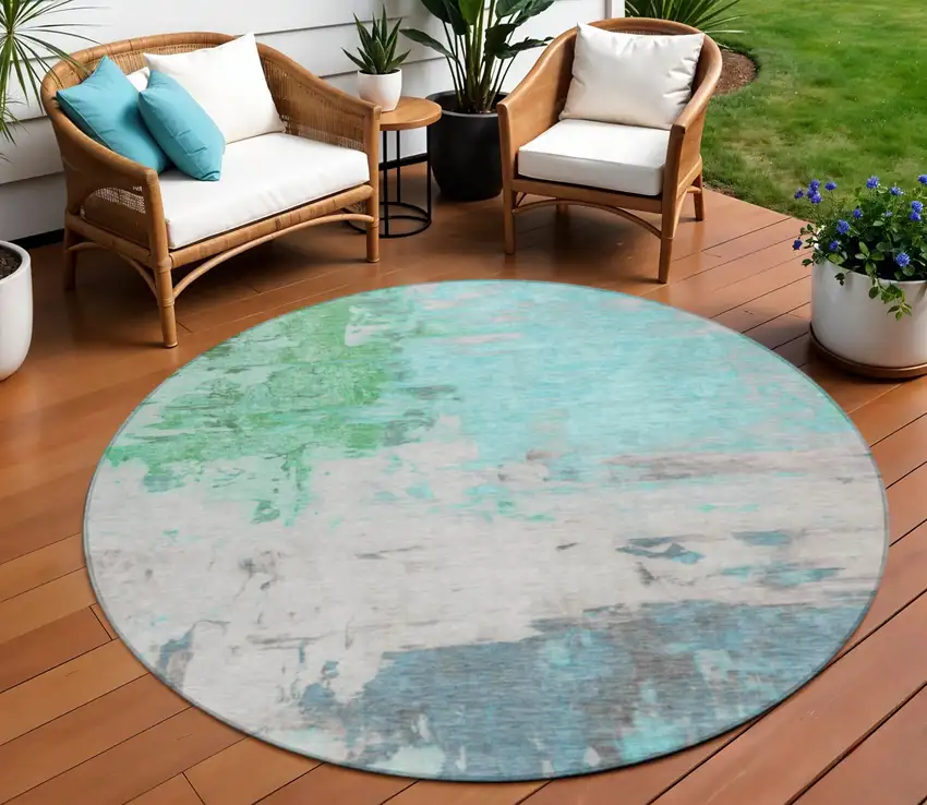 8' Teal Blue And Green Round Abstract Washable Indoor Outdoor Area Rug Photo 2