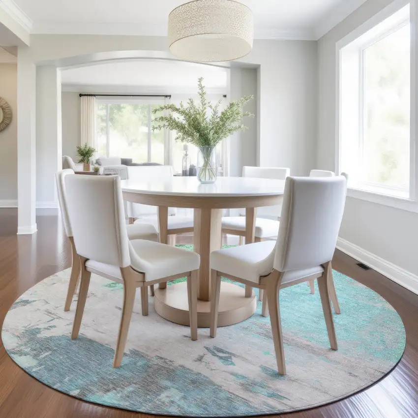 8' Teal Blue And Green Round Abstract Washable Indoor Outdoor Area Rug Photo 6