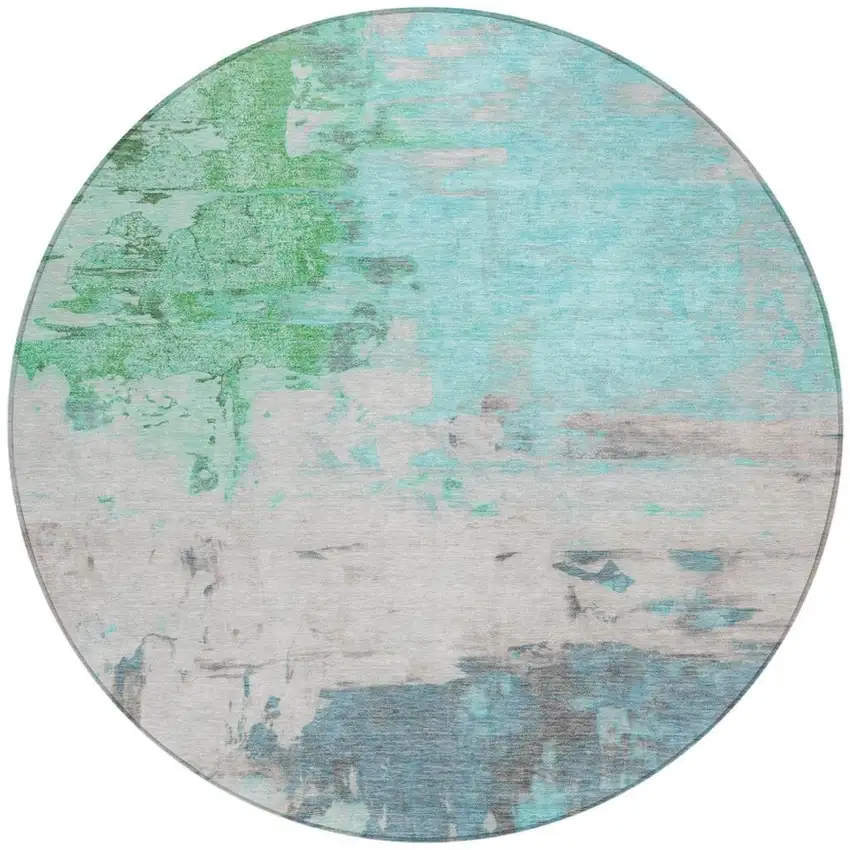 8' Teal Blue And Green Round Abstract Washable Indoor Outdoor Area Rug Photo 3