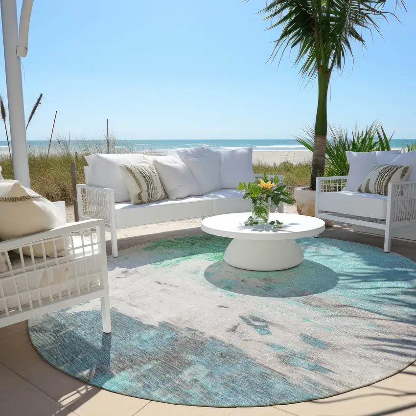 8' Teal Blue And Green Round Abstract Washable Indoor Outdoor Area Rug Photo 5