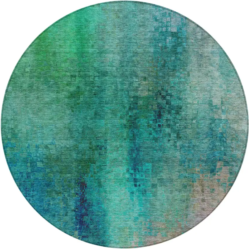 8' Teal Blue And Green Round Abstract Washable Indoor Outdoor Area Rug Photo 2