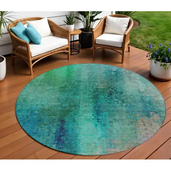 8' Teal Blue And Green Round Abstract Washable Indoor Outdoor Area Rug Photo 1