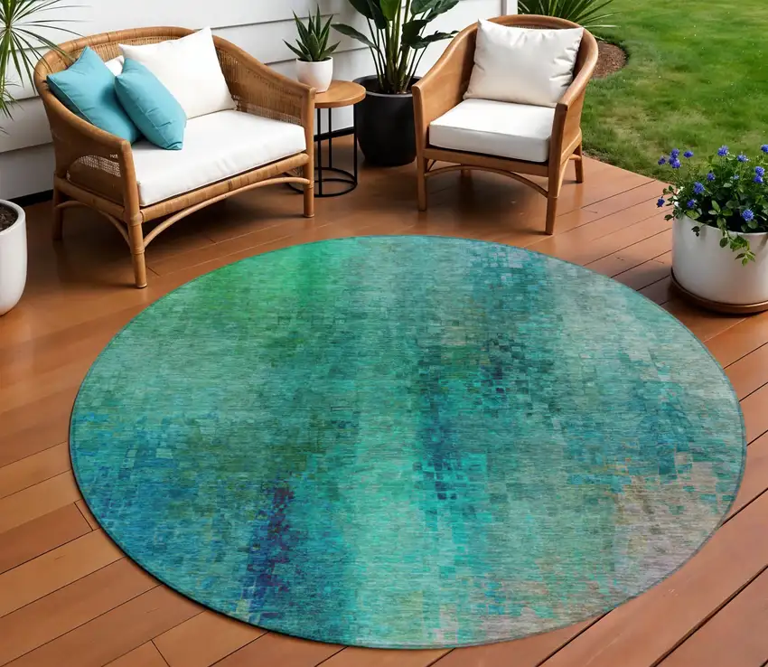 8' Teal Blue And Green Round Abstract Washable Indoor Outdoor Area Rug Photo 1