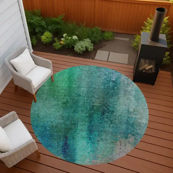8' Teal Blue And Green Round Abstract Washable Indoor Outdoor Area Rug Photo 9