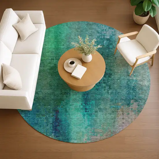 8' Teal Blue And Green Round Abstract Washable Indoor Outdoor Area Rug Photo 8