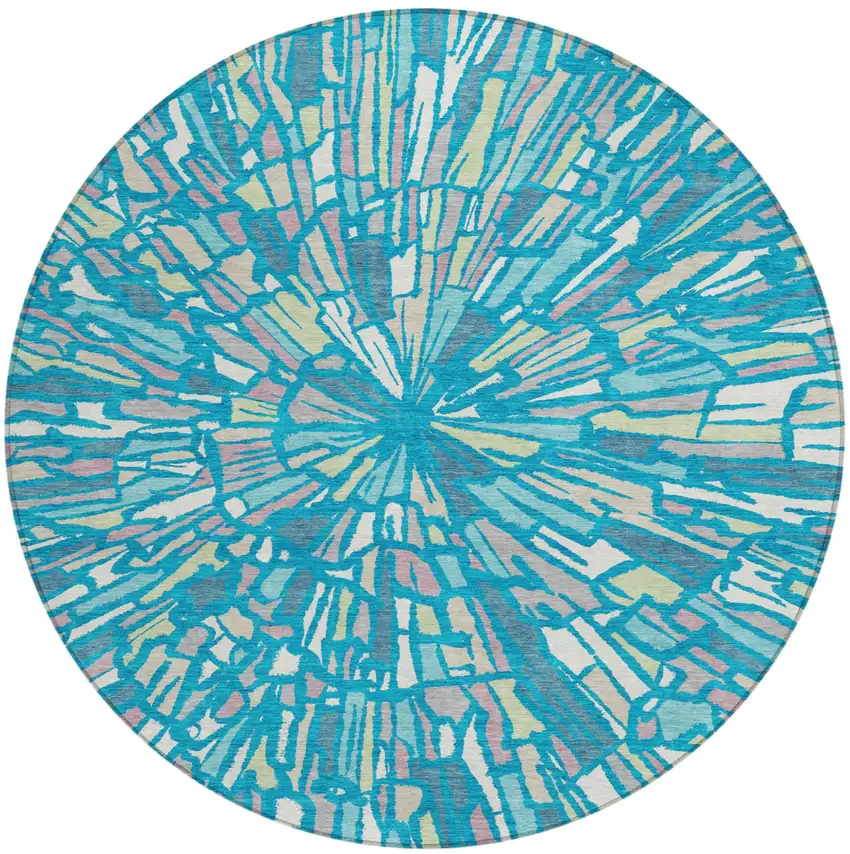 8' Teal Blue And Green Round Abstract Washable Indoor Outdoor Area Rug Photo 2