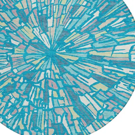 8' Teal Blue And Green Round Abstract Washable Indoor Outdoor Area Rug Photo 3