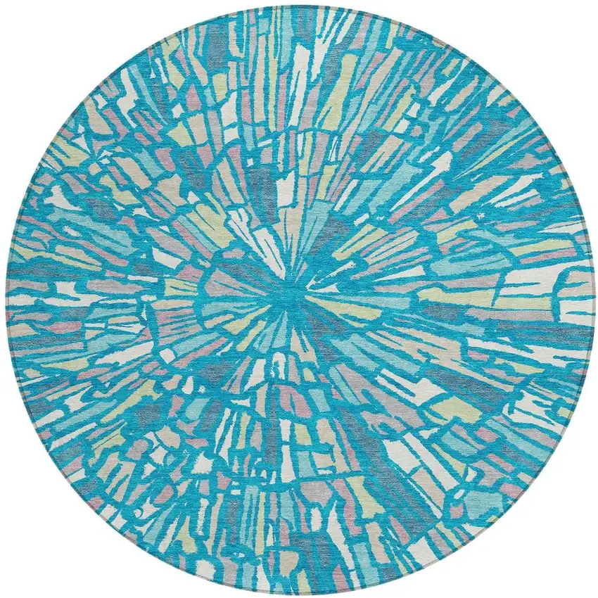 8' Teal Blue And Green Round Abstract Washable Indoor Outdoor Area Rug Photo 4