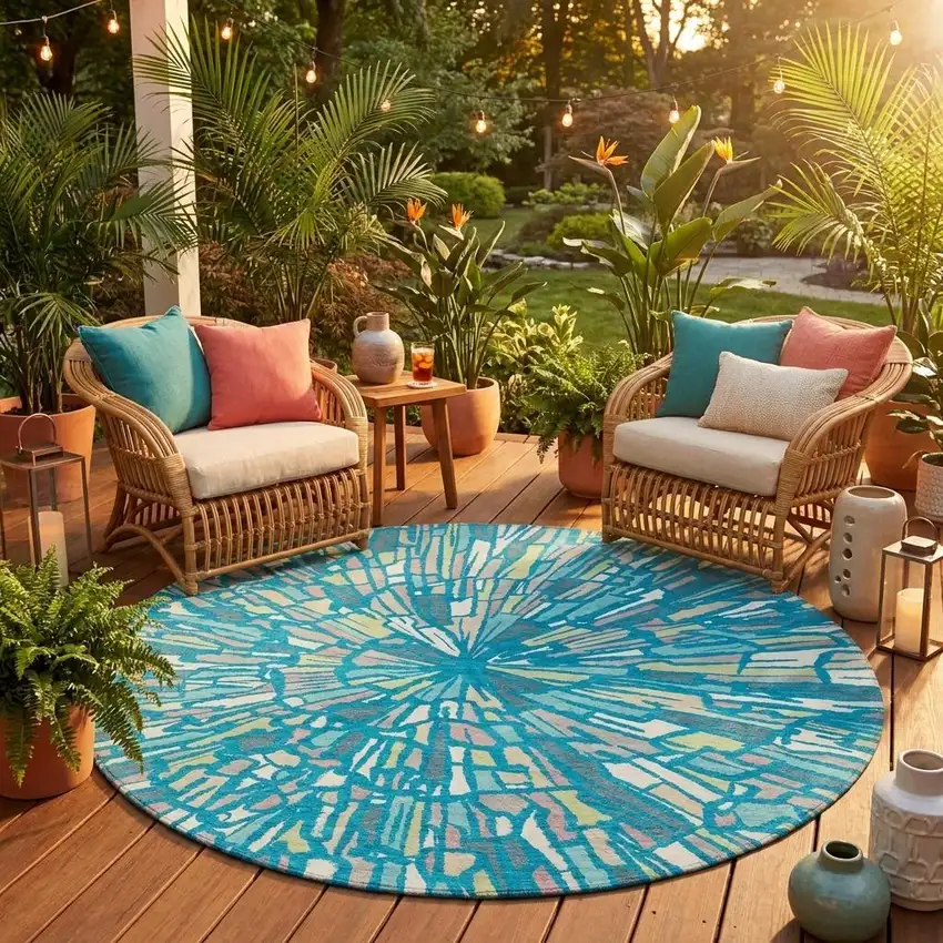 8' Teal Blue And Green Round Abstract Washable Indoor Outdoor Area Rug Photo 1