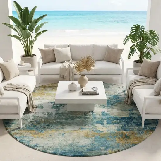 8' Teal Blue And Green Round Abstract Washable Indoor Outdoor Area Rug Photo 1