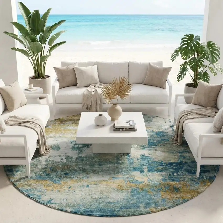 8' Teal Blue And Green Round Abstract Washable Indoor Outdoor Area Rug Photo 1