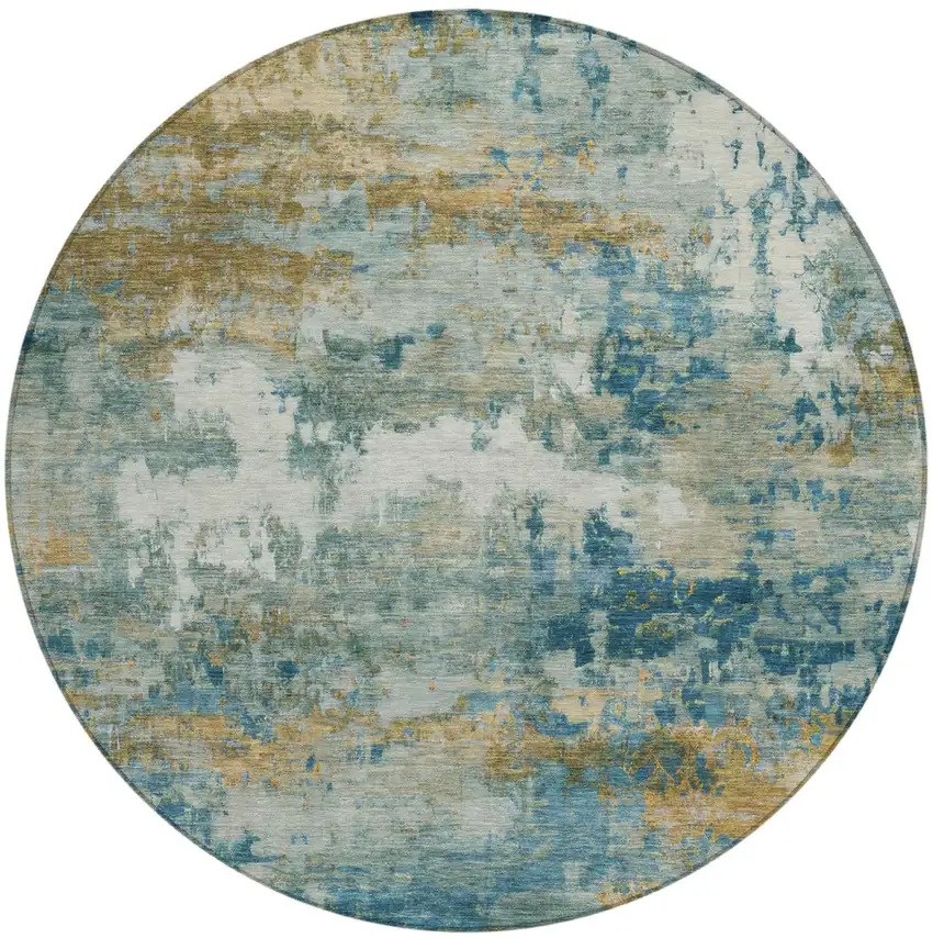 8' Teal Blue And Green Round Abstract Washable Indoor Outdoor Area Rug Photo 2