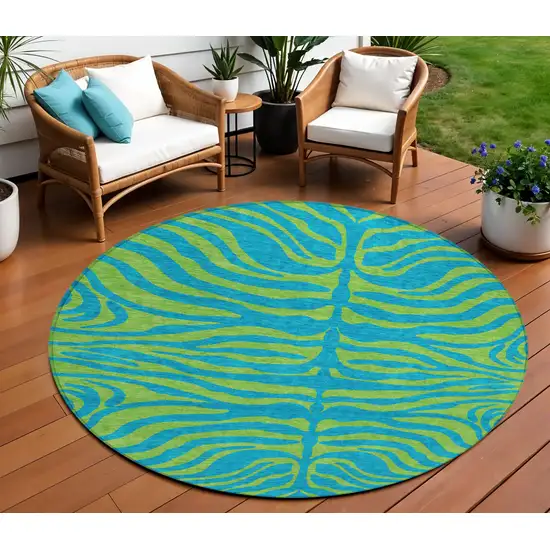 8' Teal Blue And Green Round Animal Print Washable Indoor Outdoor Area Rug Photo 1