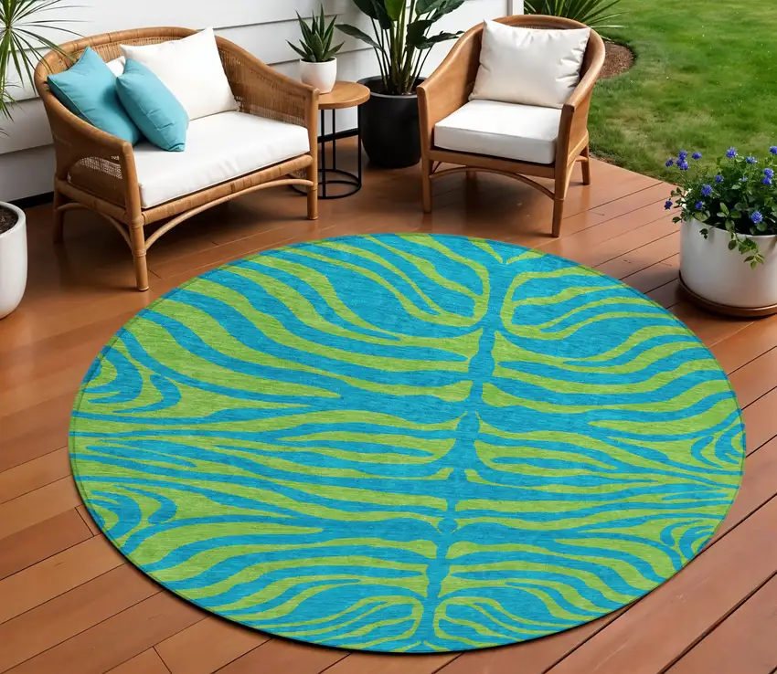 8' Teal Blue And Green Round Animal Print Washable Indoor Outdoor Area Rug Photo 1