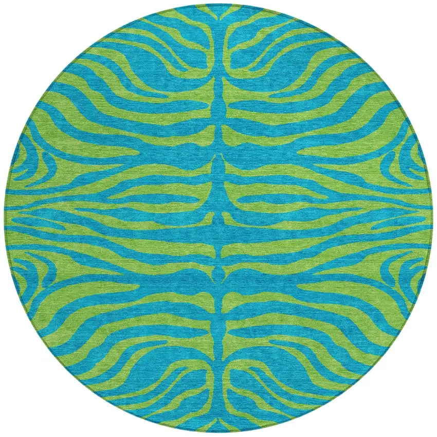 8' Teal Blue And Green Round Animal Print Washable Indoor Outdoor Area Rug Photo 7