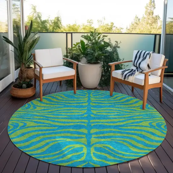 8' Teal Blue And Green Round Animal Print Washable Indoor Outdoor Area Rug Photo 8