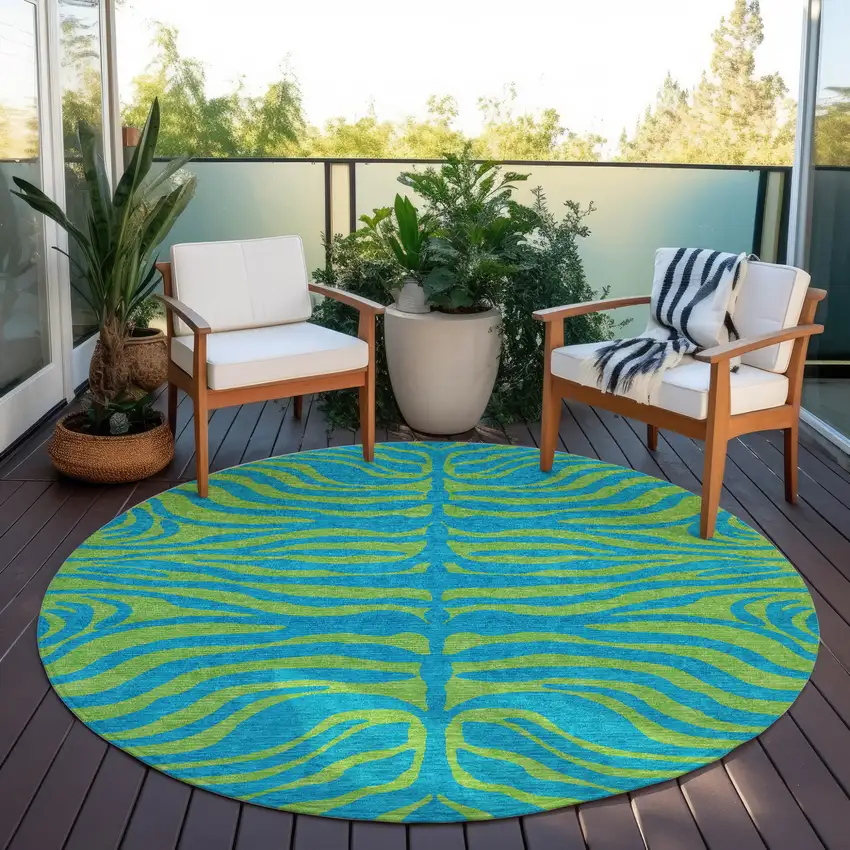 8' Teal Blue And Green Round Animal Print Washable Indoor Outdoor Area Rug Photo 8