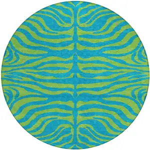 Photo of 8' Teal Blue And Green Round Animal Print Washable Indoor Outdoor Area Rug