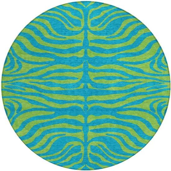 8' Teal Blue And Green Round Animal Print Washable Indoor Outdoor Area Rug Photo 2