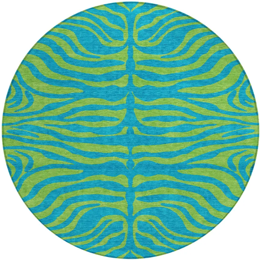 8' Teal Blue And Green Round Animal Print Washable Indoor Outdoor Area Rug Photo 2