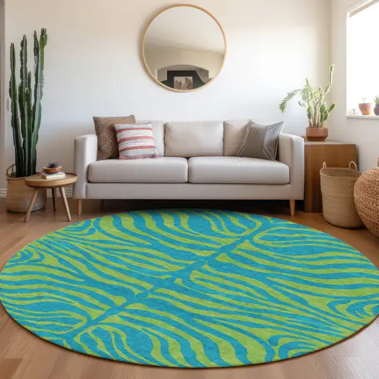 8' Teal Blue And Green Round Animal Print Washable Indoor Outdoor Area Rug Photo 9