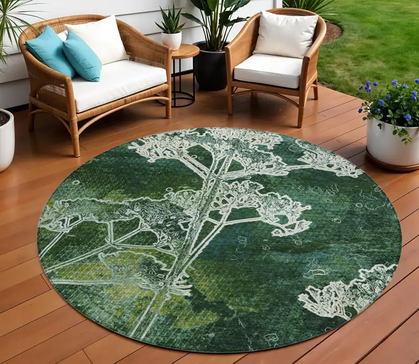 8' Teal Blue And Green Round Floral Washable Indoor Outdoor Area Rug Photo 1