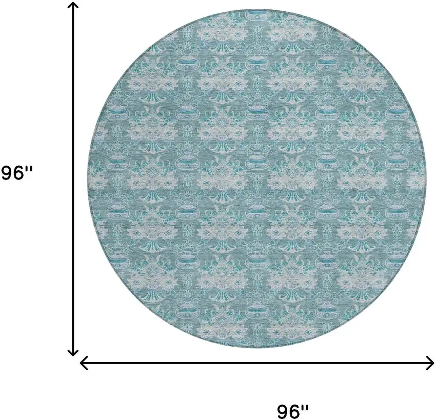 8' Teal Blue And Green Round Floral Washable Indoor Outdoor Area Rug Photo 8