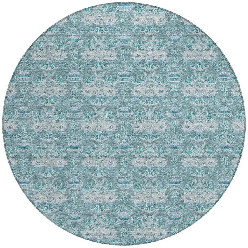 8' Teal Blue And Green Round Floral Washable Indoor Outdoor Area Rug Photo 3