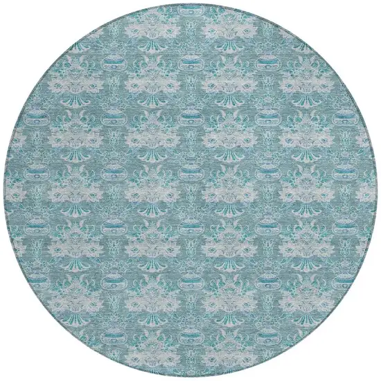 8' Teal Blue And Green Round Floral Washable Indoor Outdoor Area Rug Photo 3