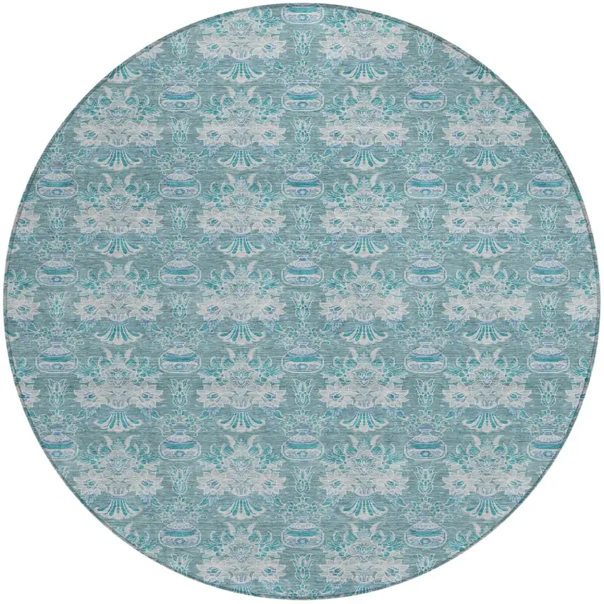 8' Teal Blue And Green Round Floral Washable Indoor Outdoor Area Rug Photo 2