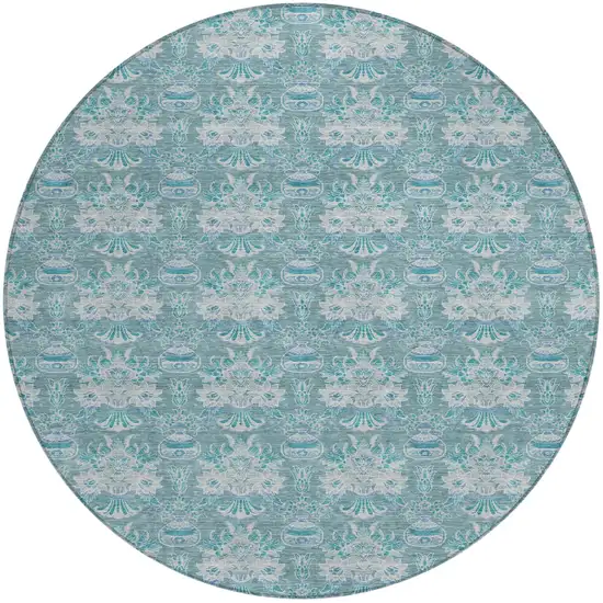 8' Teal Blue And Green Round Floral Washable Indoor Outdoor Area Rug Photo 2