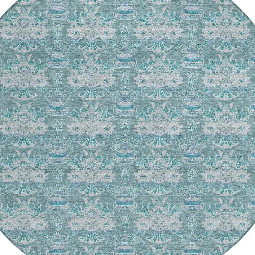 8' Teal Blue And Green Round Floral Washable Indoor Outdoor Area Rug Photo 5
