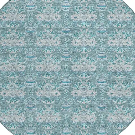 8' Teal Blue And Green Round Floral Washable Indoor Outdoor Area Rug Photo 5