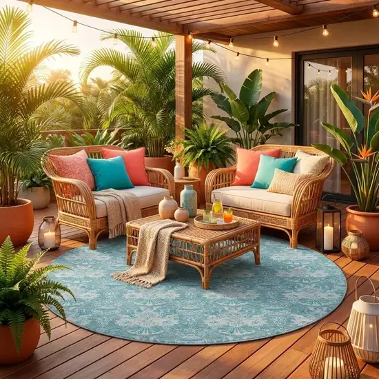 8' Teal Blue And Green Round Floral Washable Indoor Outdoor Area Rug Photo 1