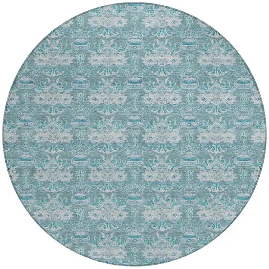 8' Teal Blue And Green Round Floral Washable Indoor Outdoor Area Rug Photo 4