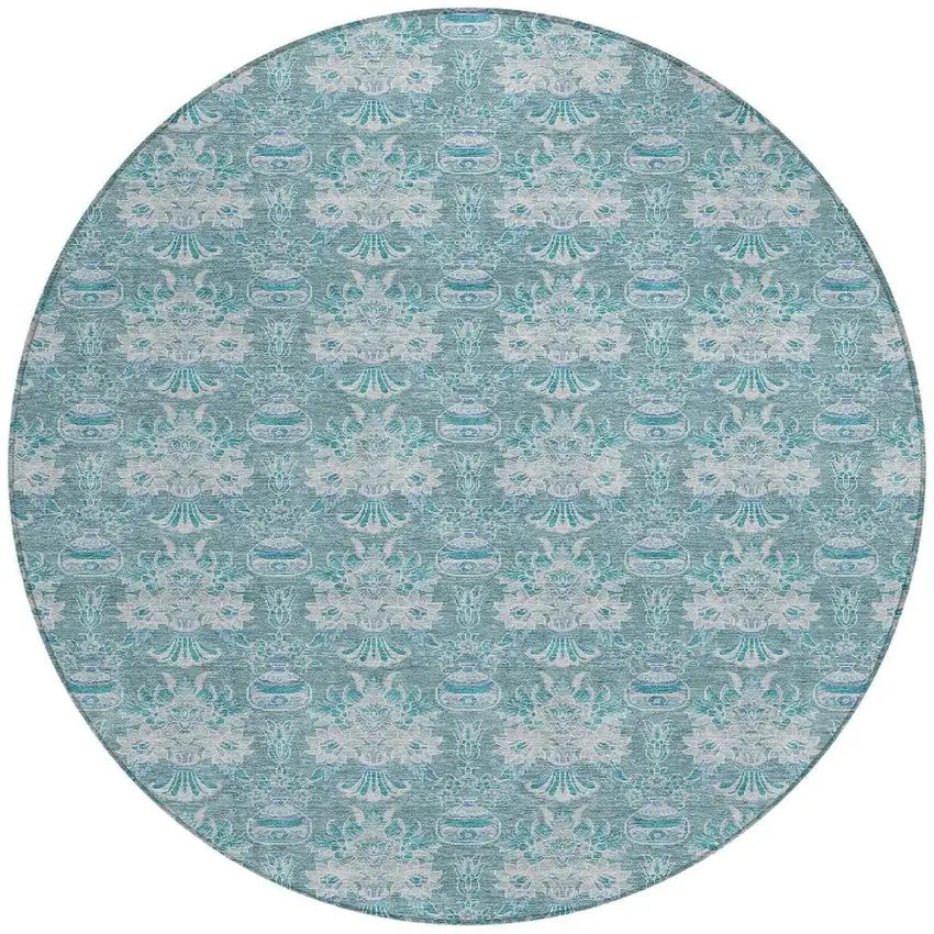 8' Teal Blue And Green Round Floral Washable Indoor Outdoor Area Rug Photo 4
